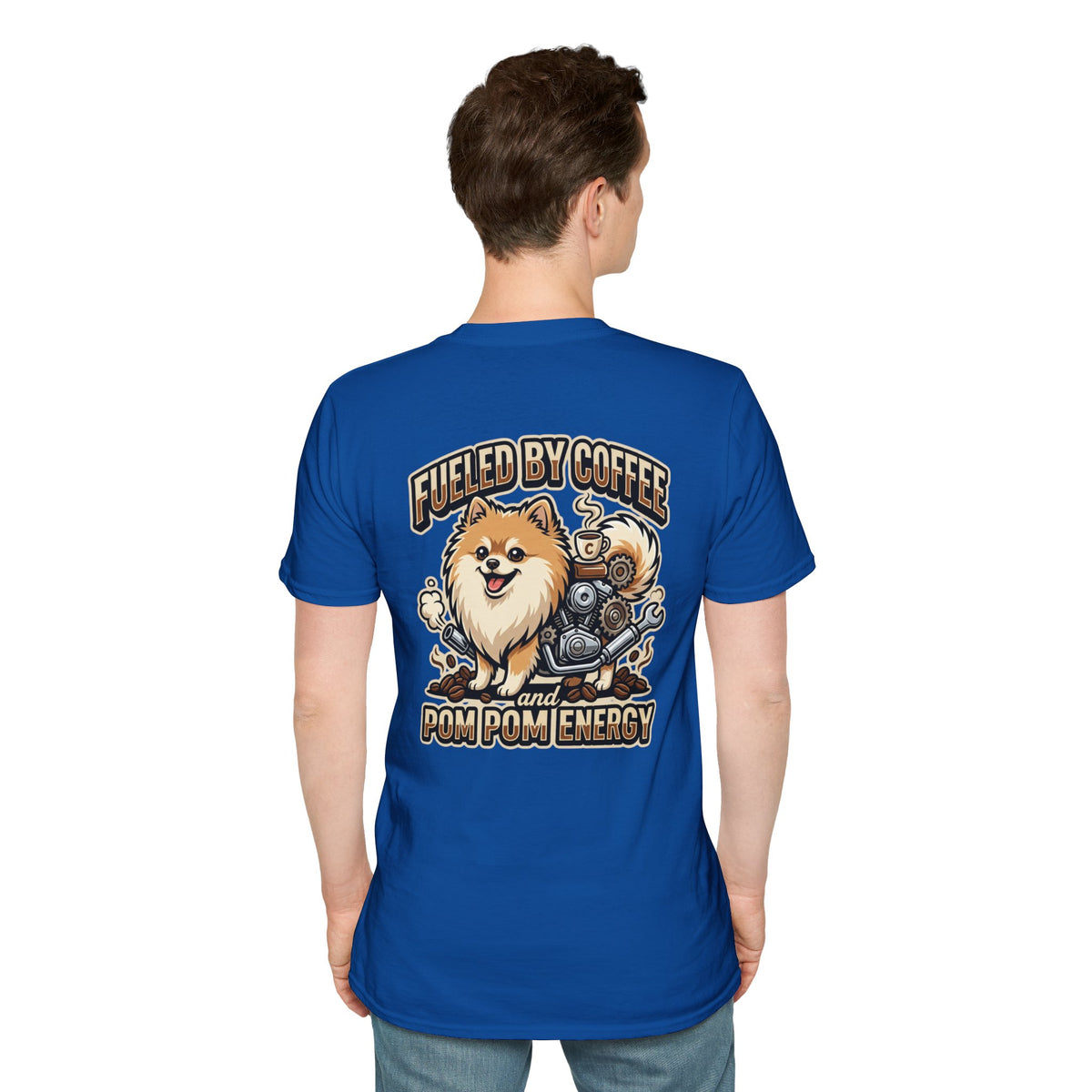 Pomeranian Pom Pom Coffee Pomeranian T-Shirt — “Fueled by Coffee and Pom Pom Energy”