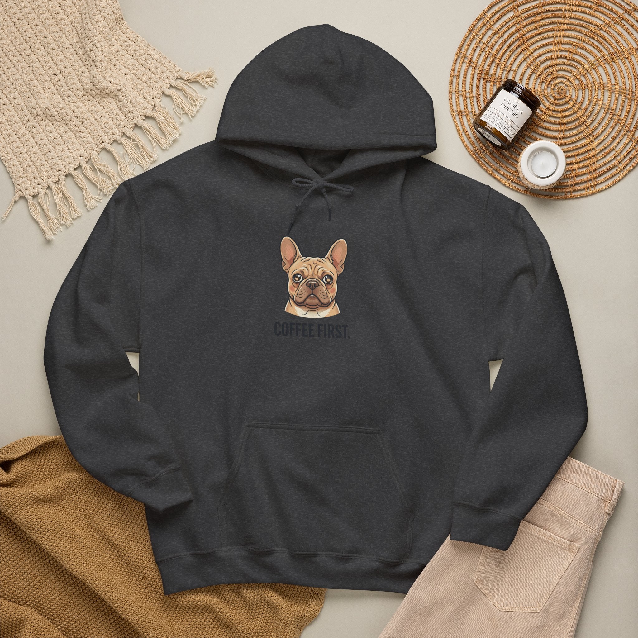 French Bulldog Coffee First Hoodie — 'Then The Zoomies' Graphic Pullover