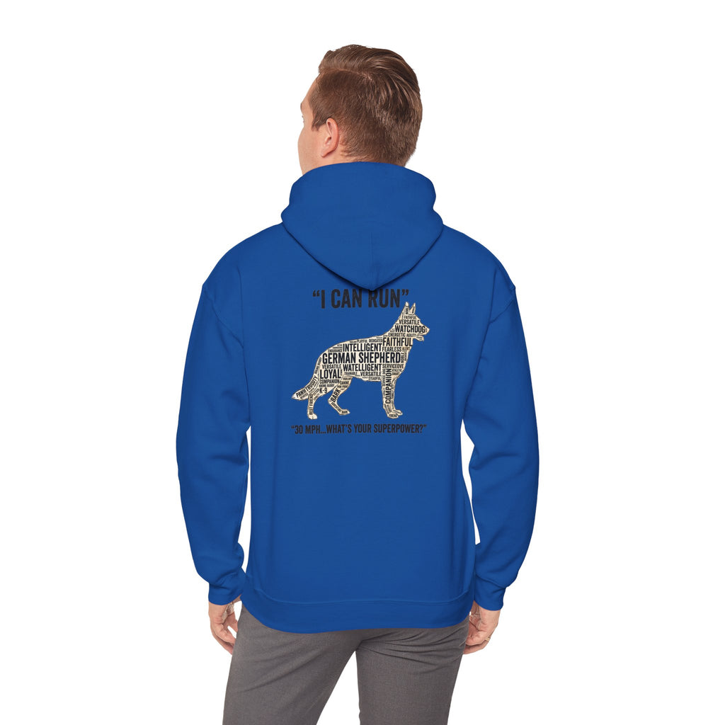 German Shepherd Hoodie - "I Can Run What's Your SuperPower" - Word Cloud Dog Silhouette Graphic Sweatshirt