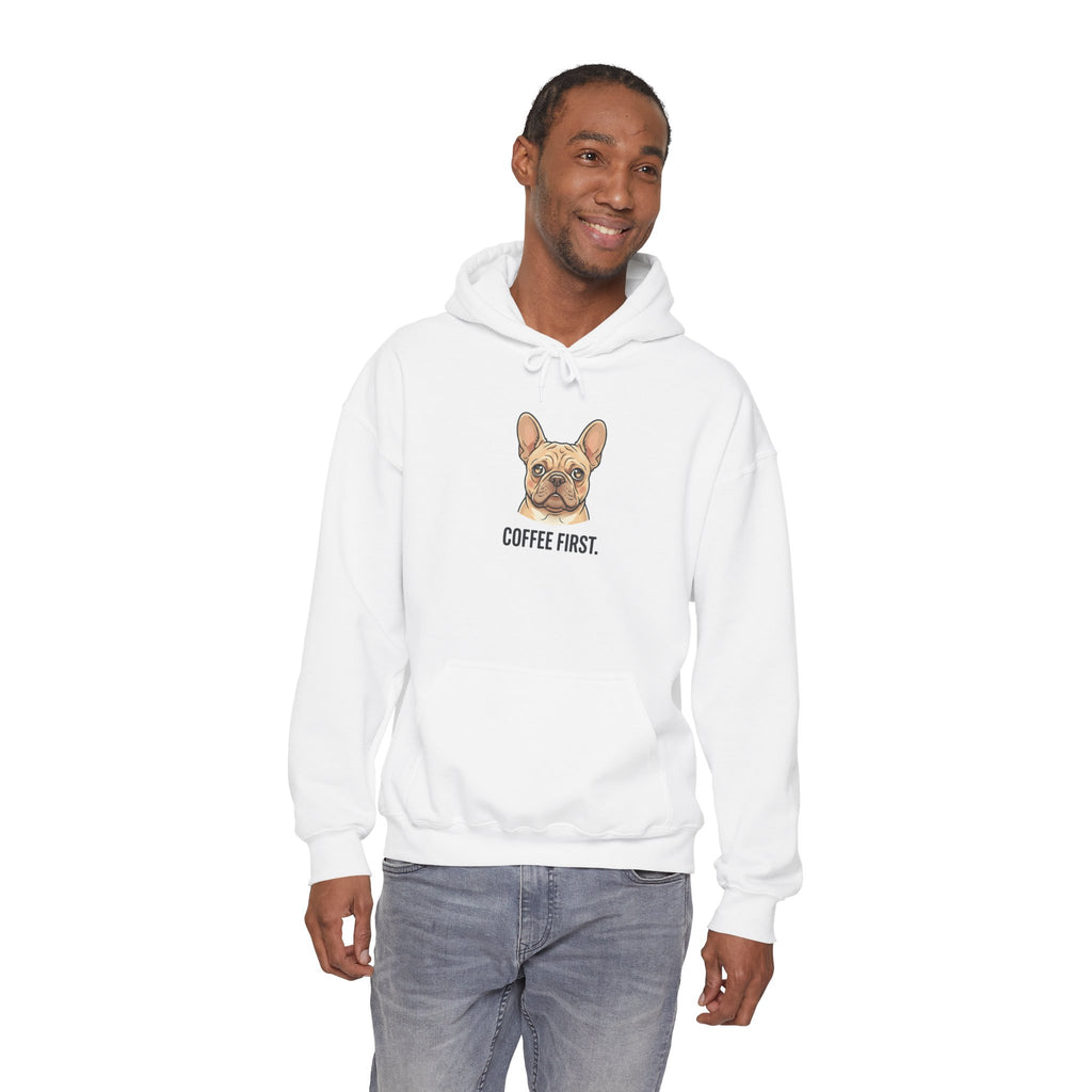 French Bulldog Coffee First Hoodie — 'Then The Zoomies' Graphic Pullover