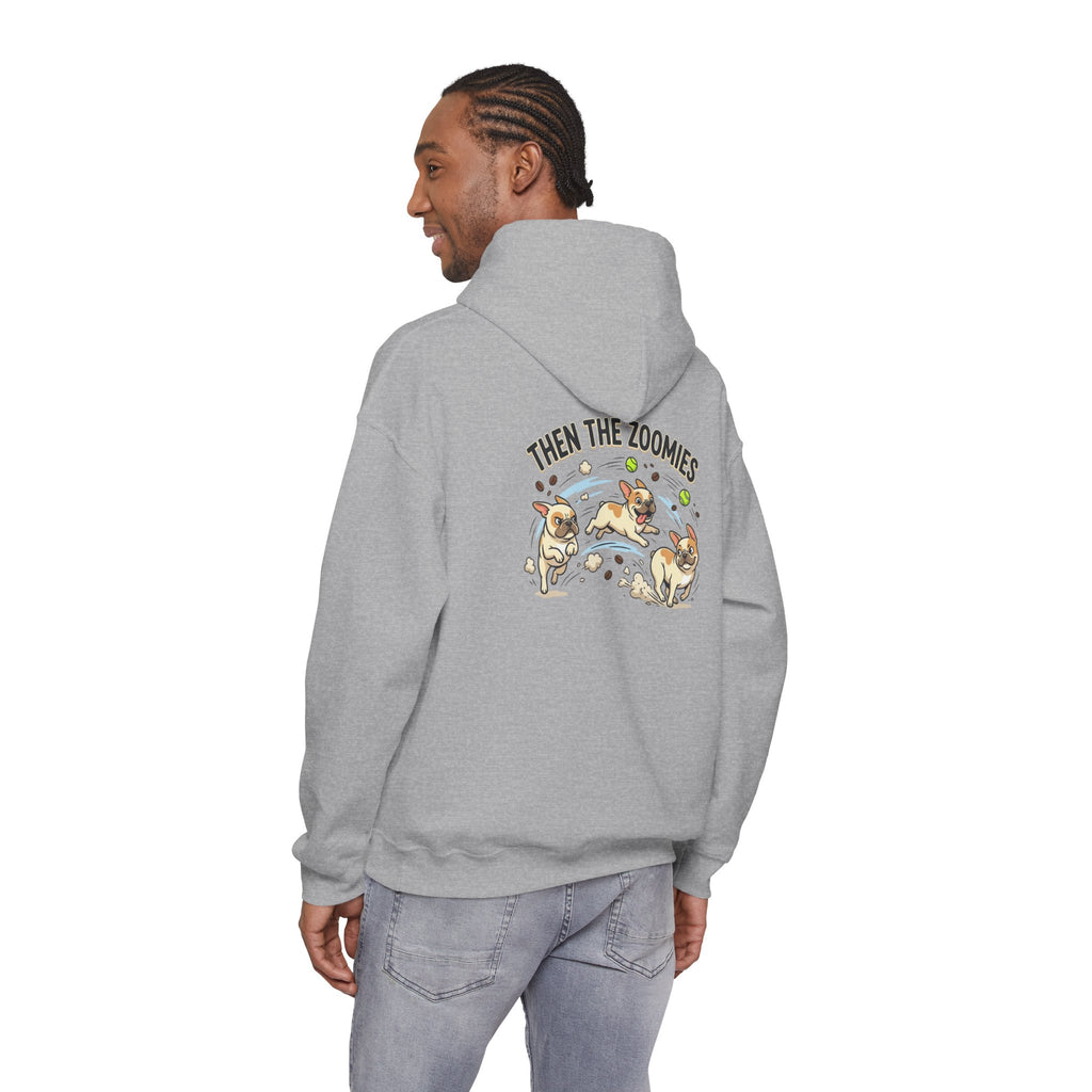 French Bulldog Coffee First Hoodie — 'Then The Zoomies' Graphic Pullover