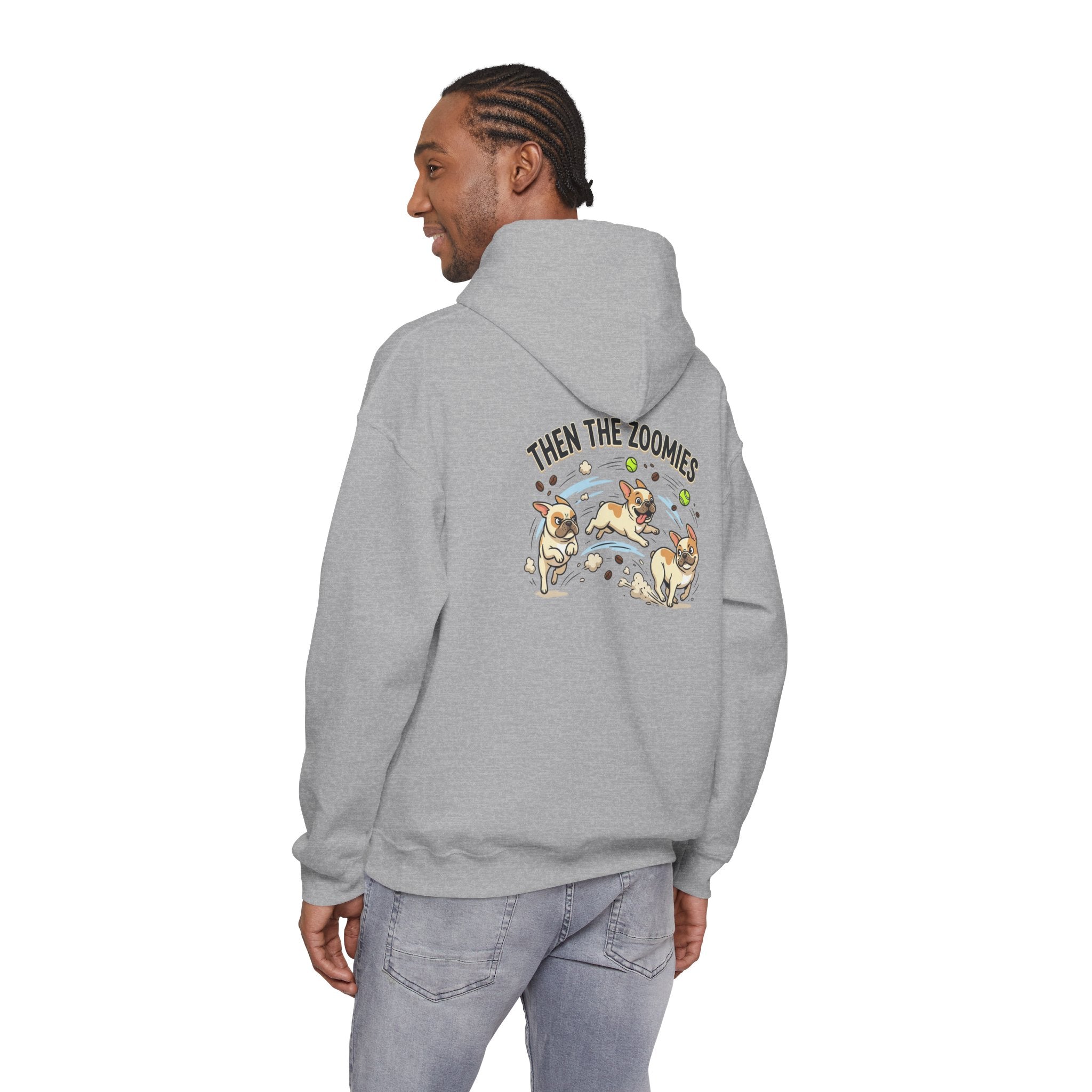 French Bulldog Coffee First Hoodie — 'Then The Zoomies' Graphic Pullover