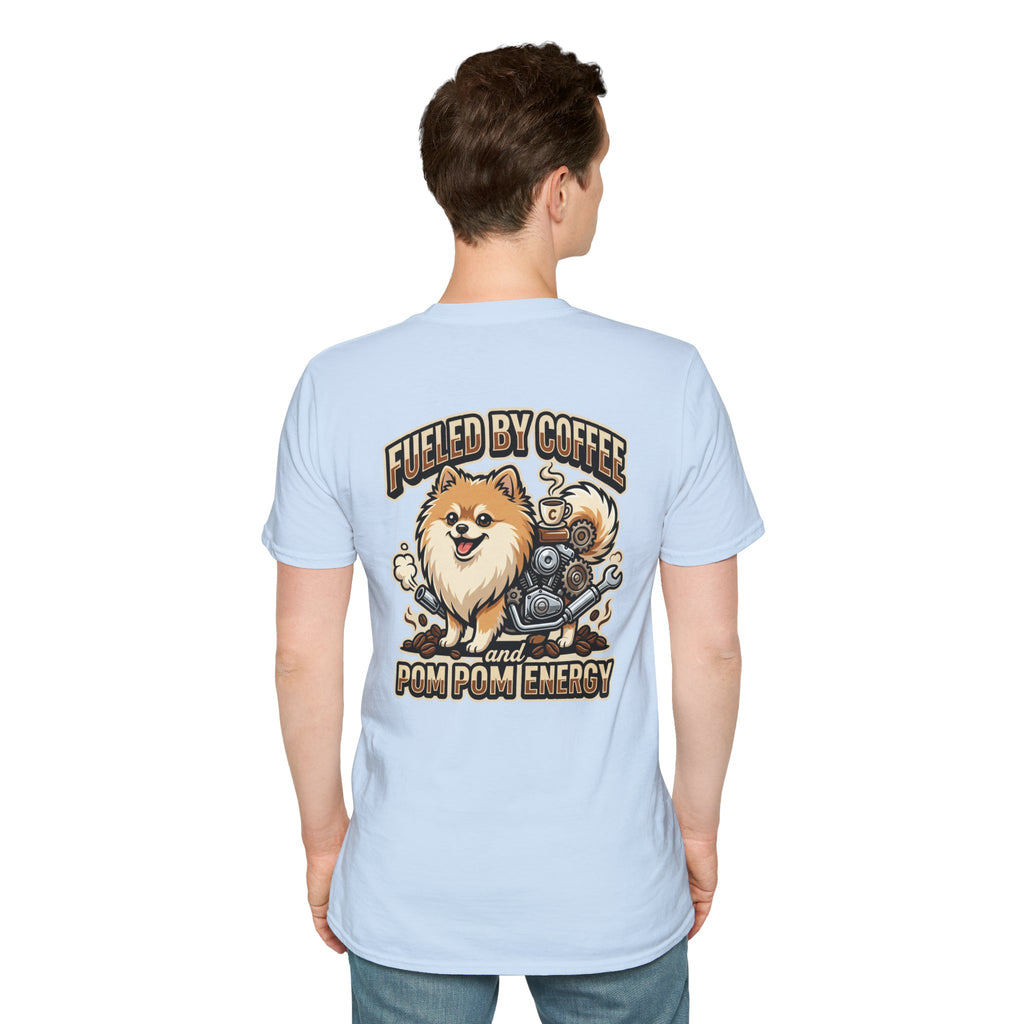 Pomeranian Pom Pom Coffee Pomeranian T-Shirt — “Fueled by Coffee and Pom Pom Energy”