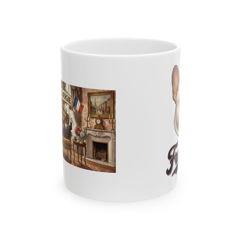 French Bulldog 90% Energy Ceramic Mug – Cozy Library & Fireplace Coffee Cup (11oz/15oz)