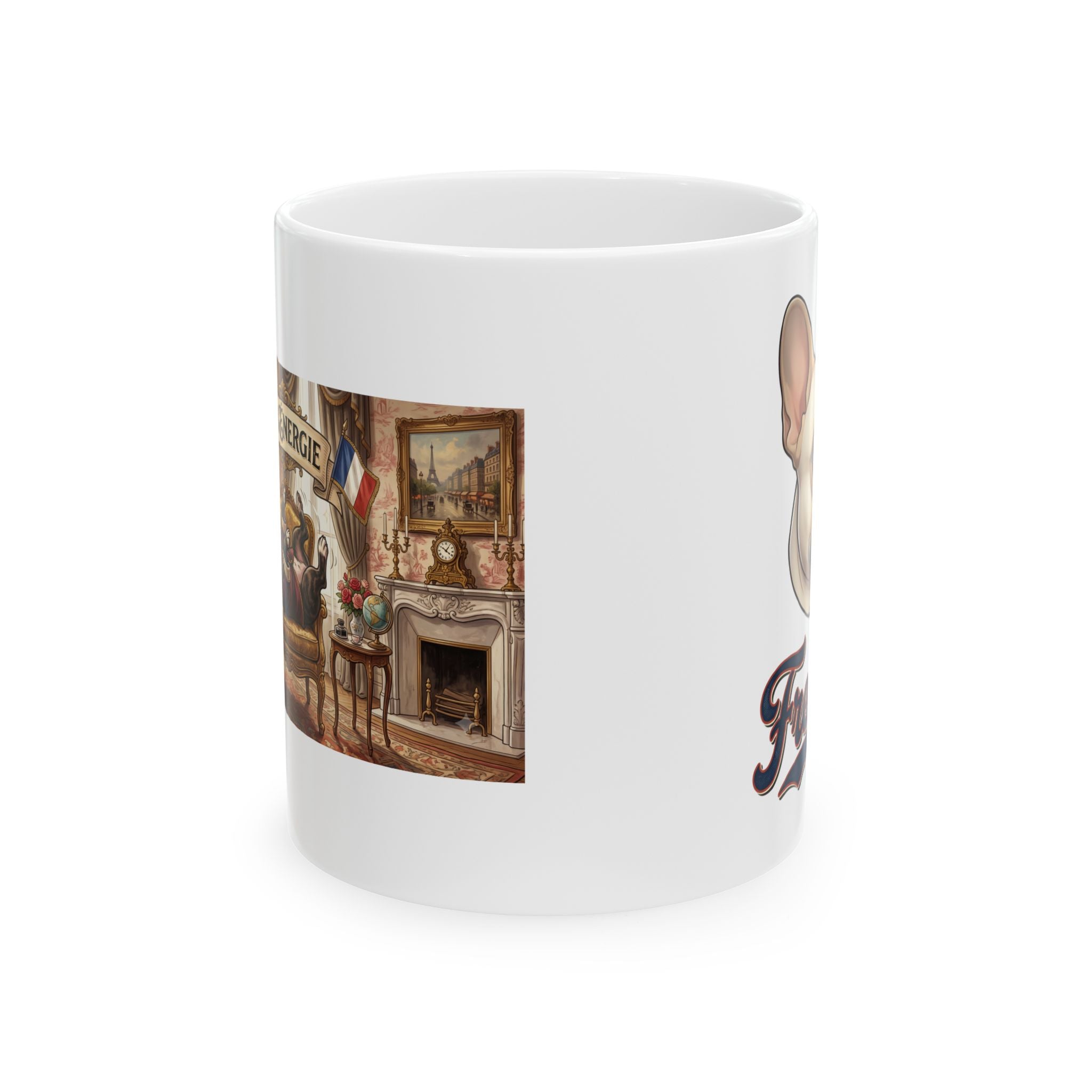 French Bulldog 90% Energy Ceramic Mug – Cozy Library & Fireplace Coffee Cup (11oz/15oz)