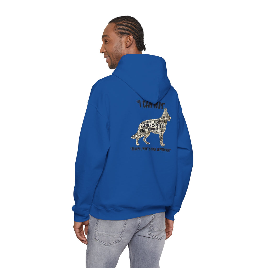 German Shepherd Hoodie - "I Can Run What's Your SuperPower" - Word Cloud Dog Silhouette Graphic Sweatshirt