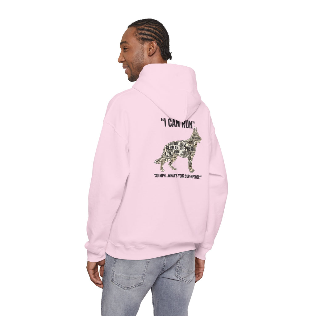 German Shepherd Hoodie - "I Can Run What's Your SuperPower" - Word Cloud Dog Silhouette Graphic Sweatshirt