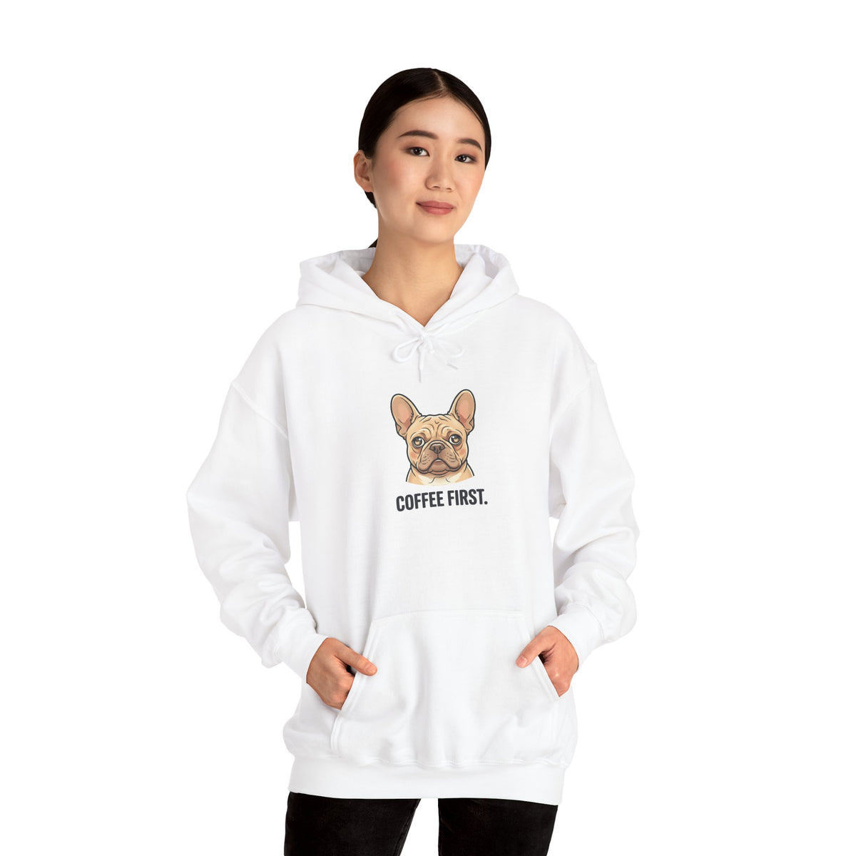 French Bulldog Coffee First Hoodie — 'Then The Zoomies' Graphic Pullover