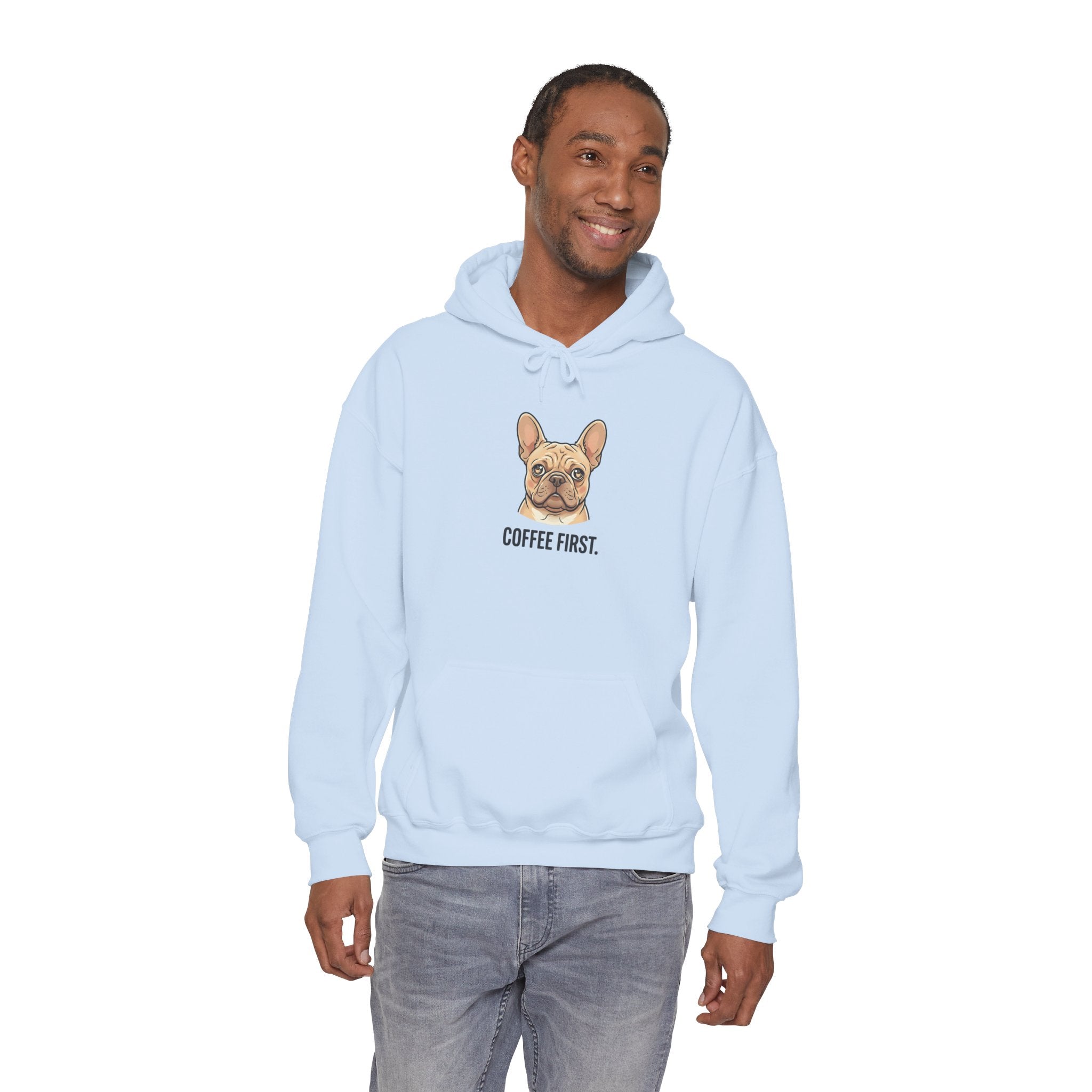 French Bulldog Coffee First Hoodie — 'Then The Zoomies' Graphic Pullover