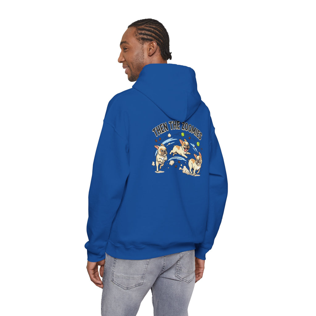 French Bulldog Coffee First Hoodie — 'Then The Zoomies' Graphic Pullover