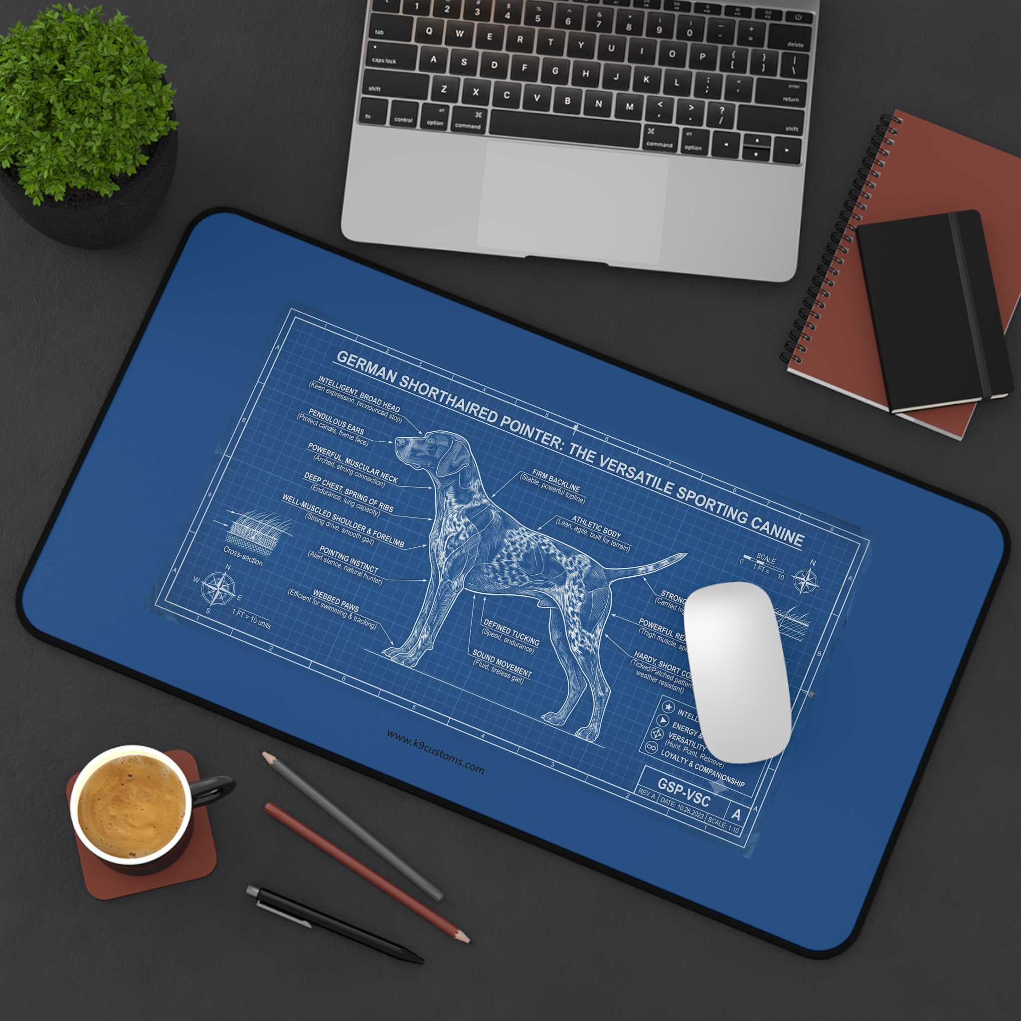 German Shorthaired Pointer Blueprint Desk Mat — Dog Anatomy Mouse Pad