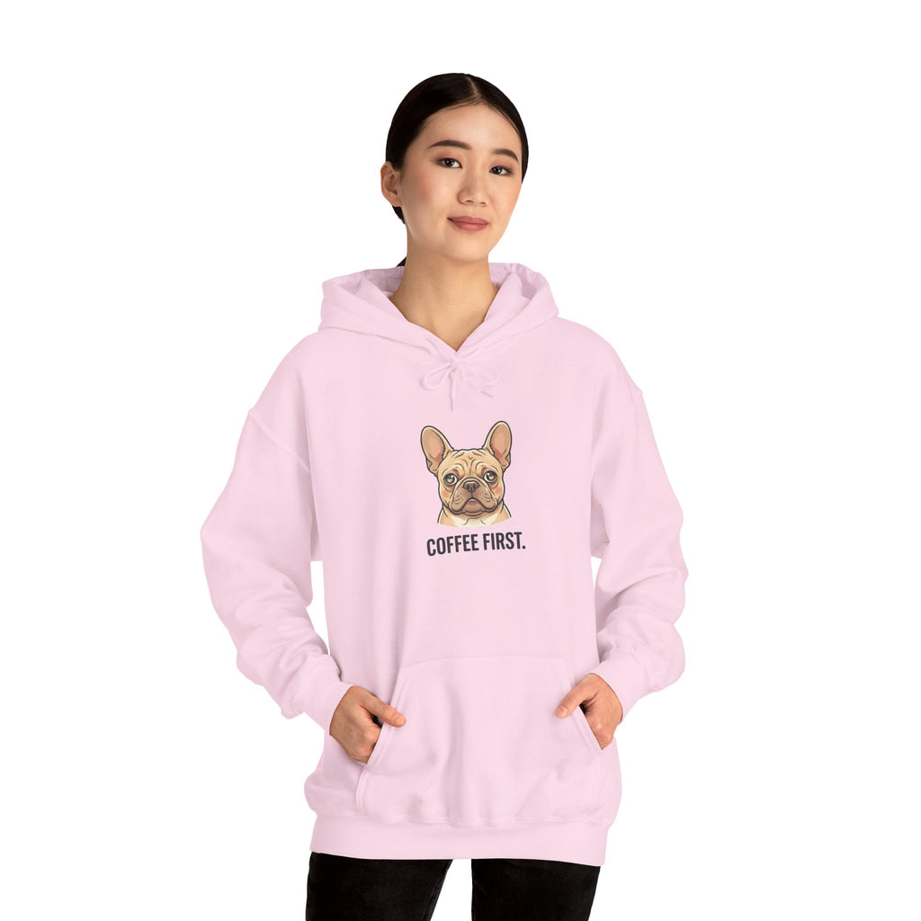 French Bulldog Coffee First Hoodie — 'Then The Zoomies' Graphic Pullover