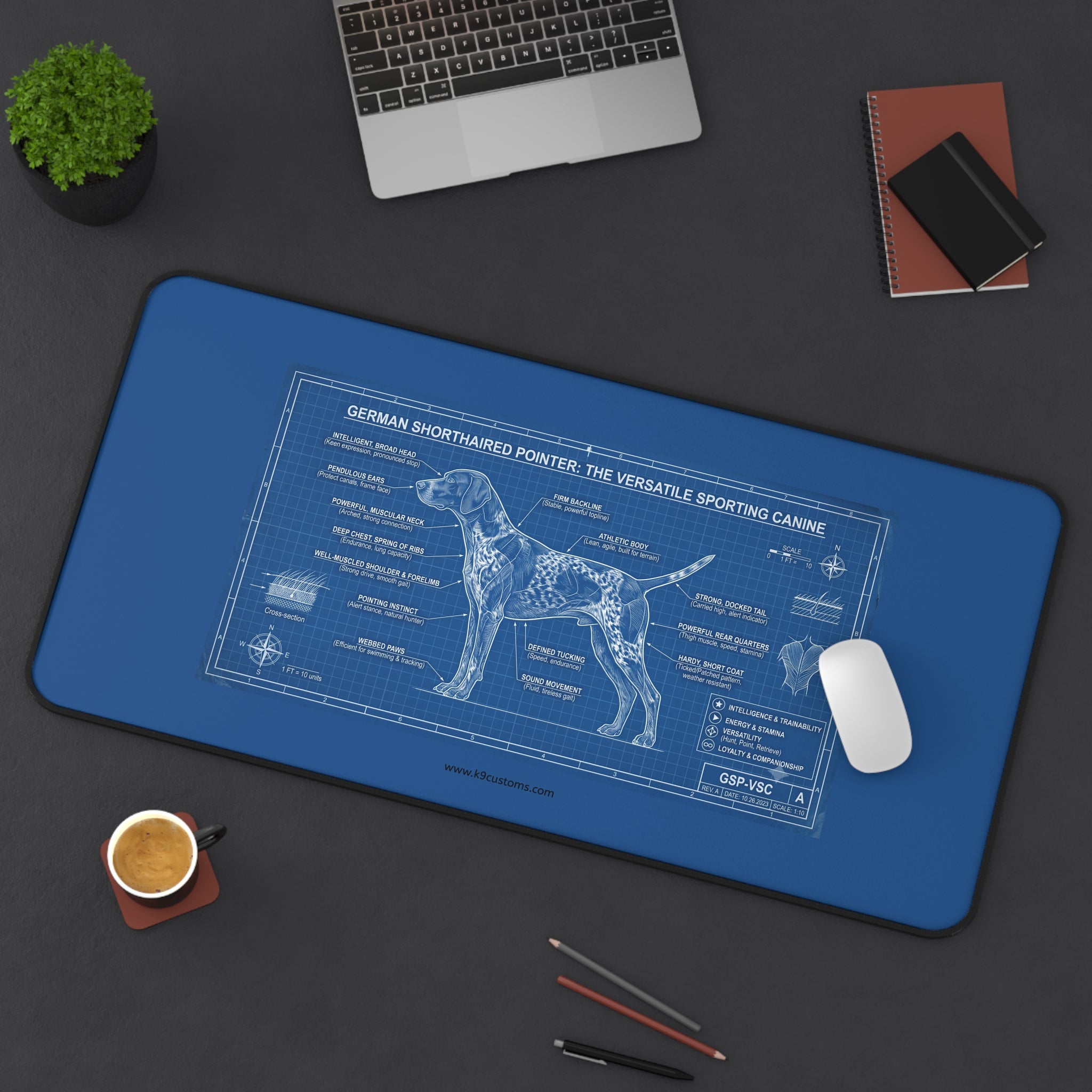 German Shorthaired Pointer Blueprint Desk Mat — Dog Anatomy Mouse Pad
