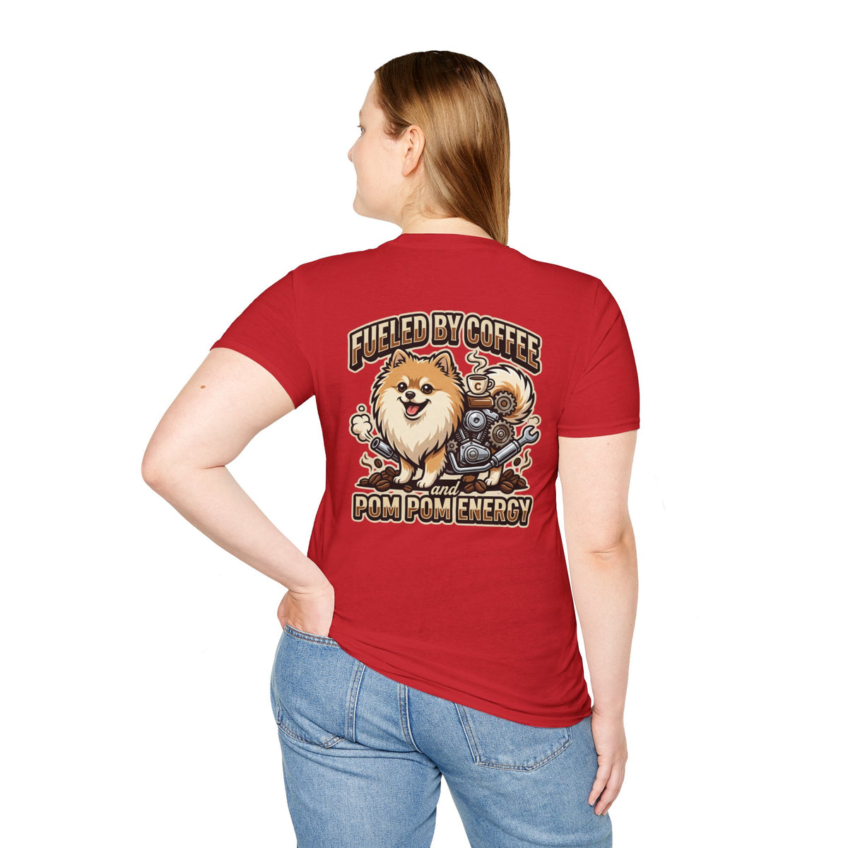 Pomeranian Pom Pom Coffee Pomeranian T-Shirt — “Fueled by Coffee and Pom Pom Energy”