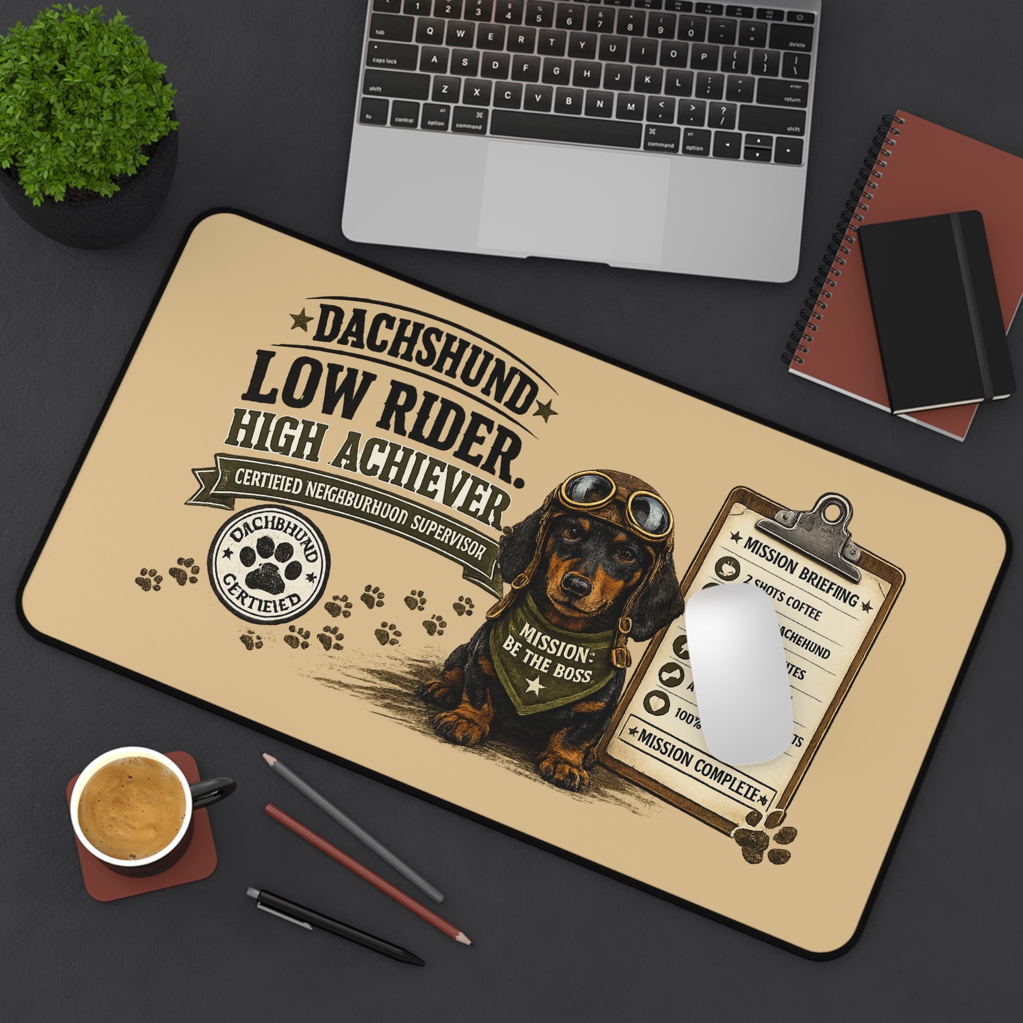 Dachshund Desk Mat — "Low Rider, High Achiever" Gaming/Office Mouse Pad
