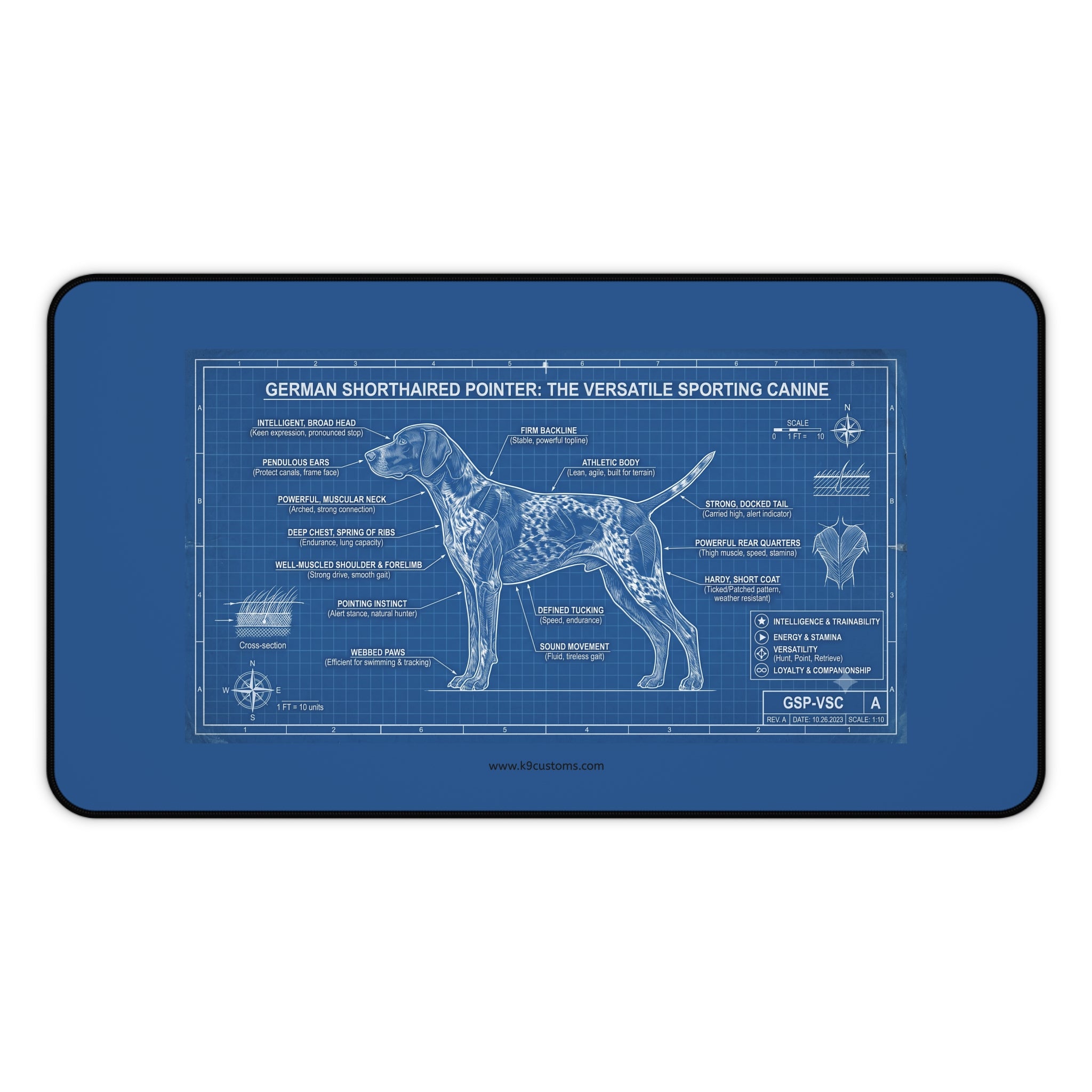 German Shorthaired Pointer Blueprint Desk Mat — Dog Anatomy Mouse Pad