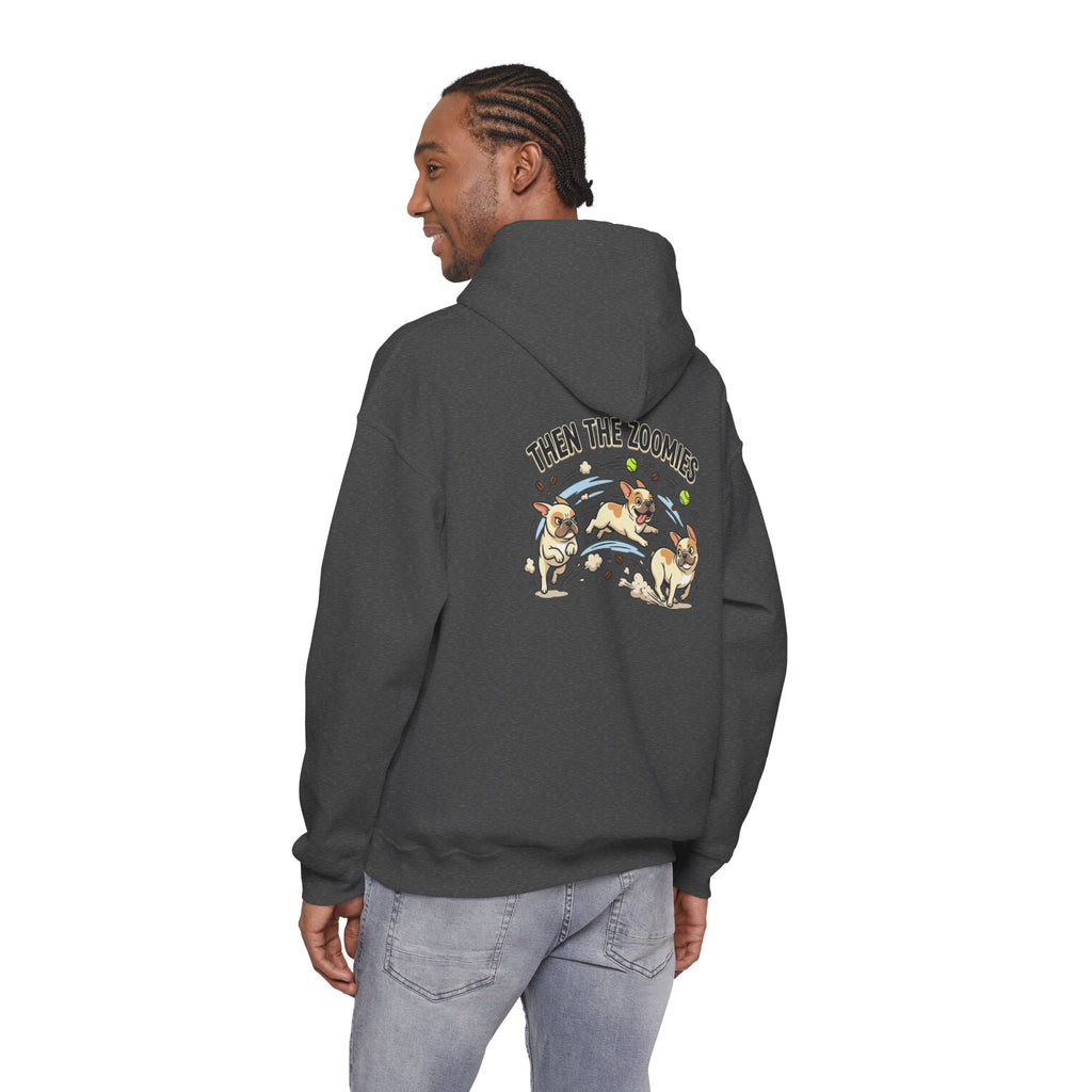 French Bulldog Coffee First Hoodie — 'Then The Zoomies' Graphic Pullover