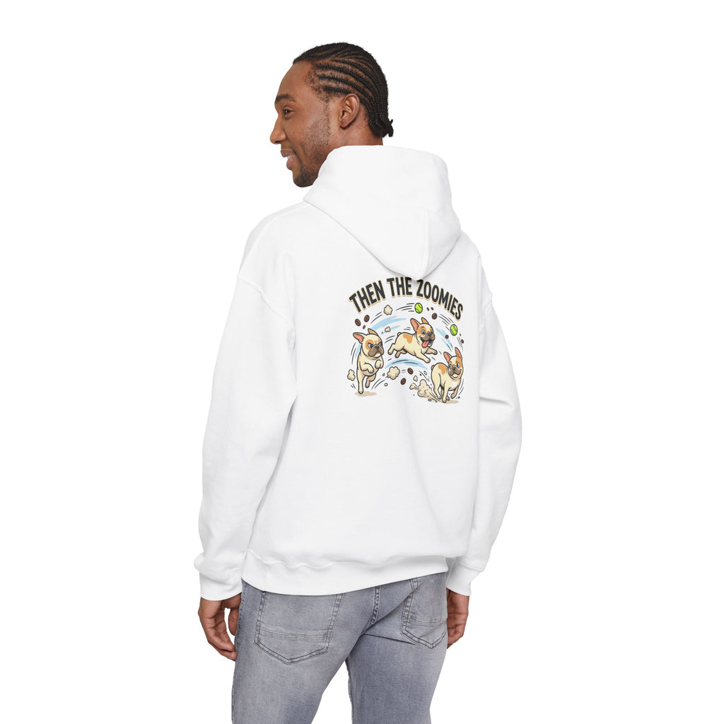 French Bulldog Coffee First Hoodie — 'Then The Zoomies' Graphic Pullover