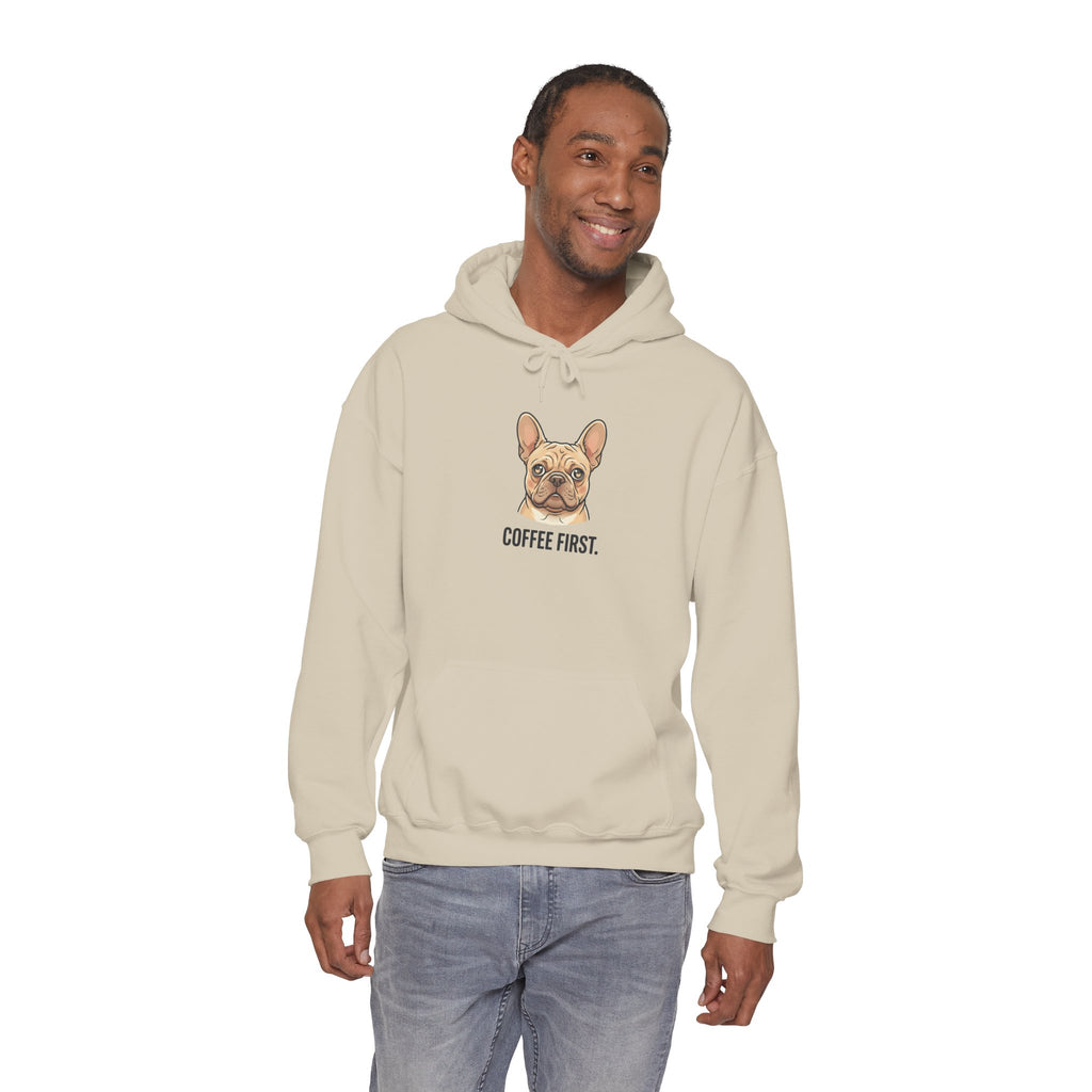 French Bulldog Coffee First Hoodie — 'Then The Zoomies' Graphic Pullover