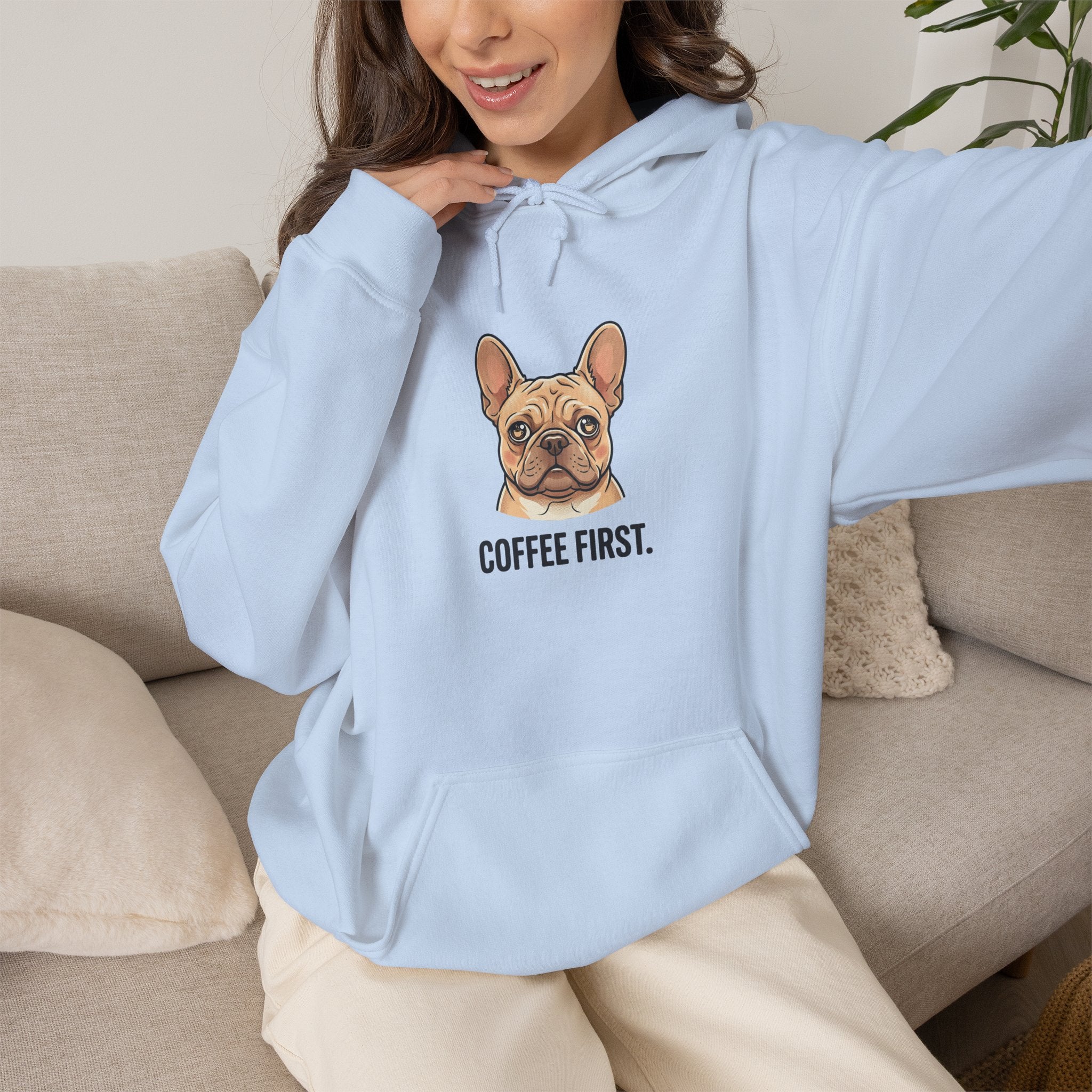 French Bulldog Coffee First Hoodie — 'Then The Zoomies' Graphic Pullover