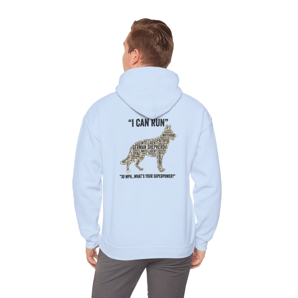 German Shepherd Hoodie - "I Can Run What's Your SuperPower" - Word Cloud Dog Silhouette Graphic Sweatshirt
