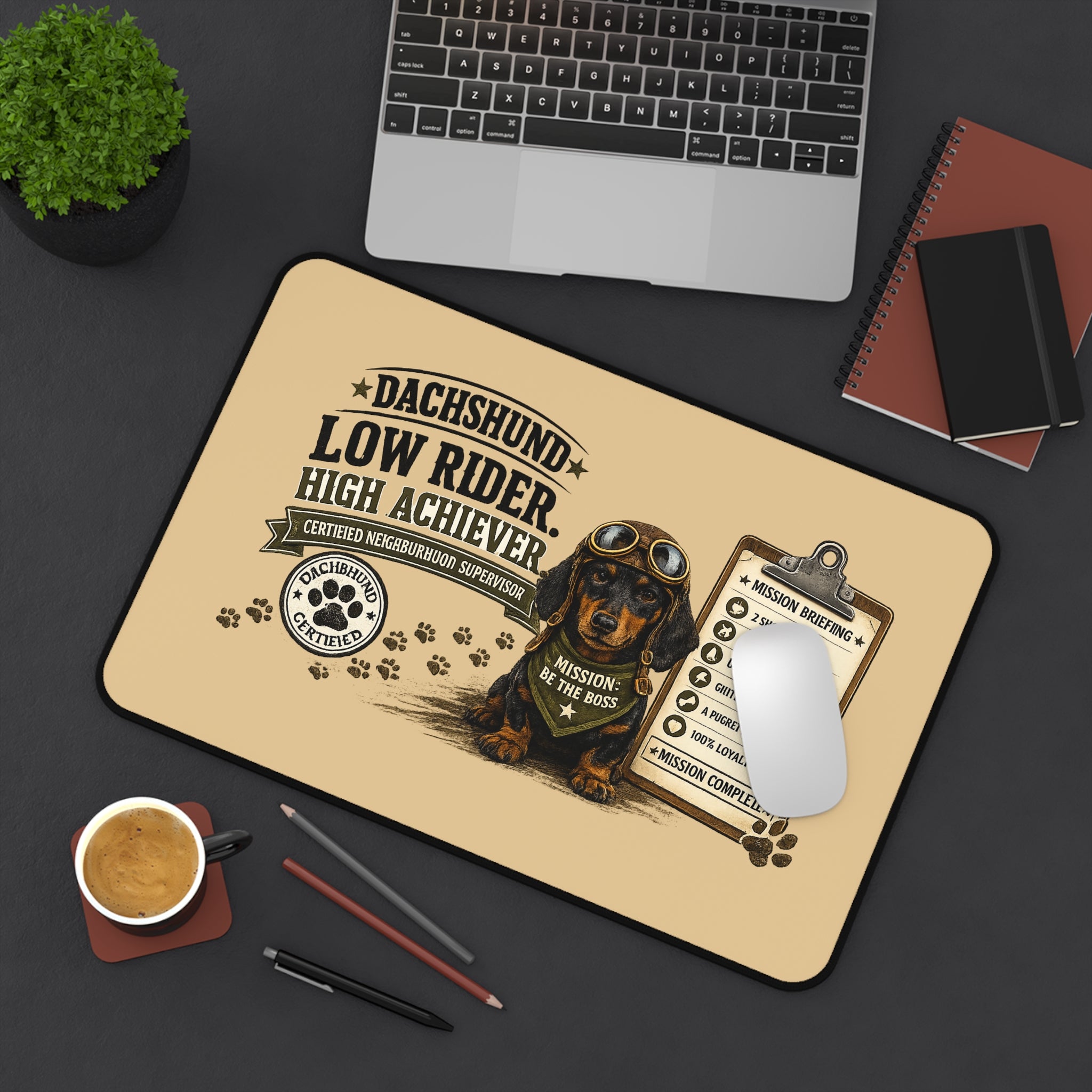 Dachshund Desk Mat — "Low Rider, High Achiever" Gaming/Office Mouse Pad