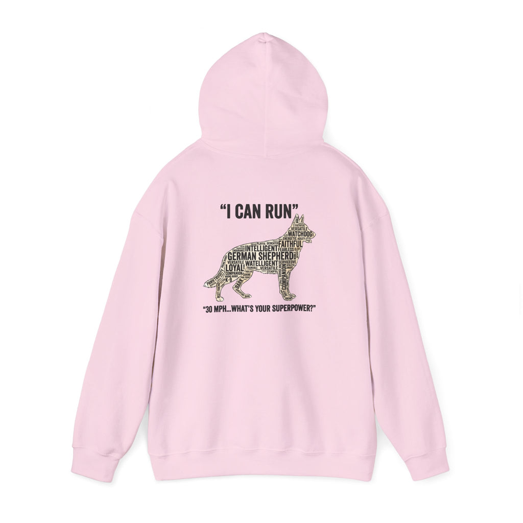 German Shepherd Hoodie - "I Can Run What's Your SuperPower" - Word Cloud Dog Silhouette Graphic Sweatshirt
