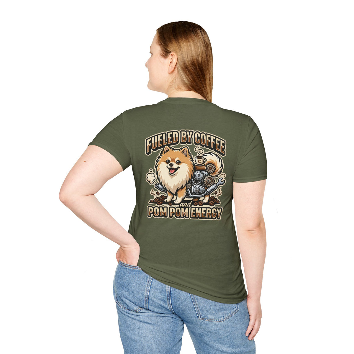 Pomeranian Pom Pom Coffee Pomeranian T-Shirt — “Fueled by Coffee and Pom Pom Energy”