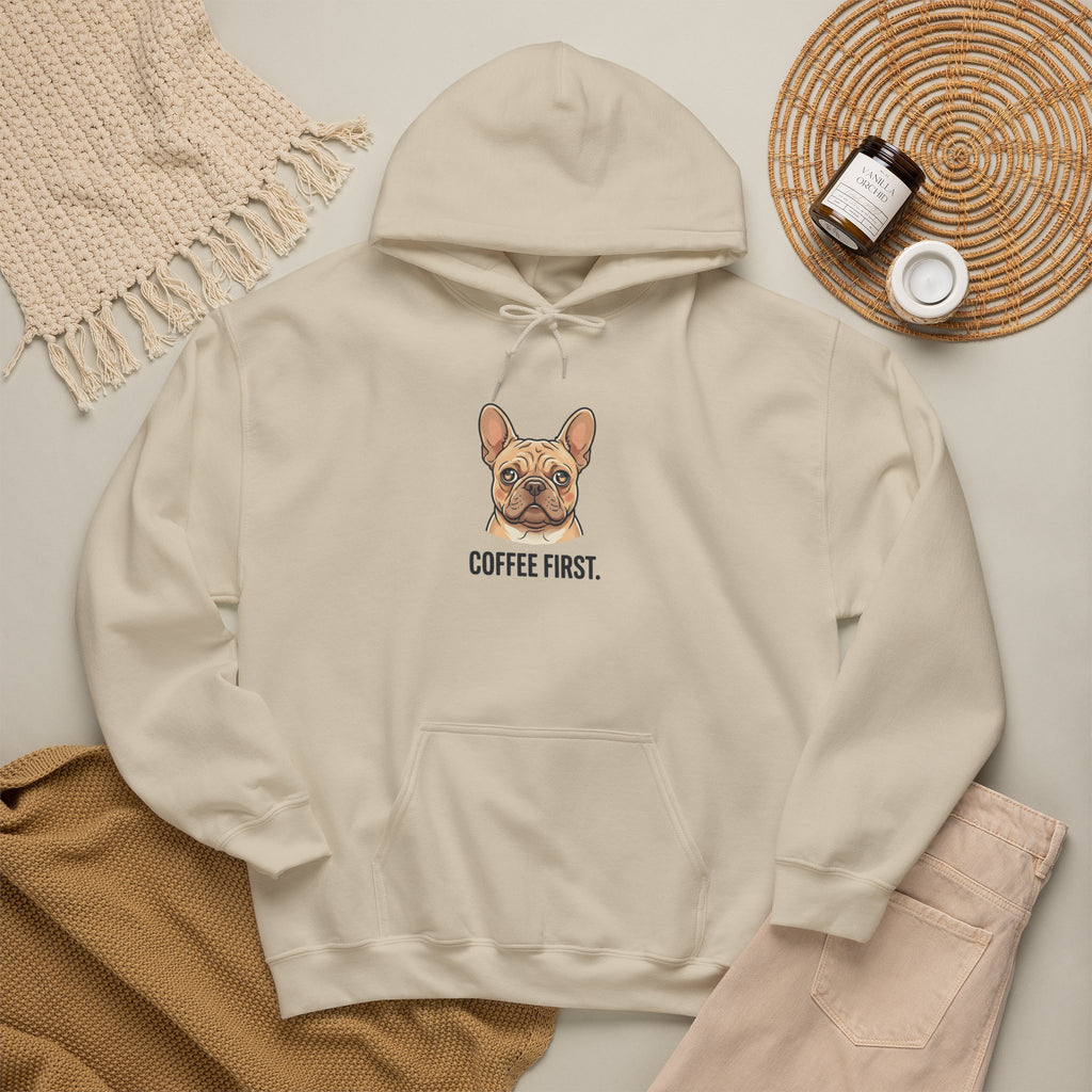 French Bulldog Coffee First Hoodie — 'Then The Zoomies' Graphic Pullover