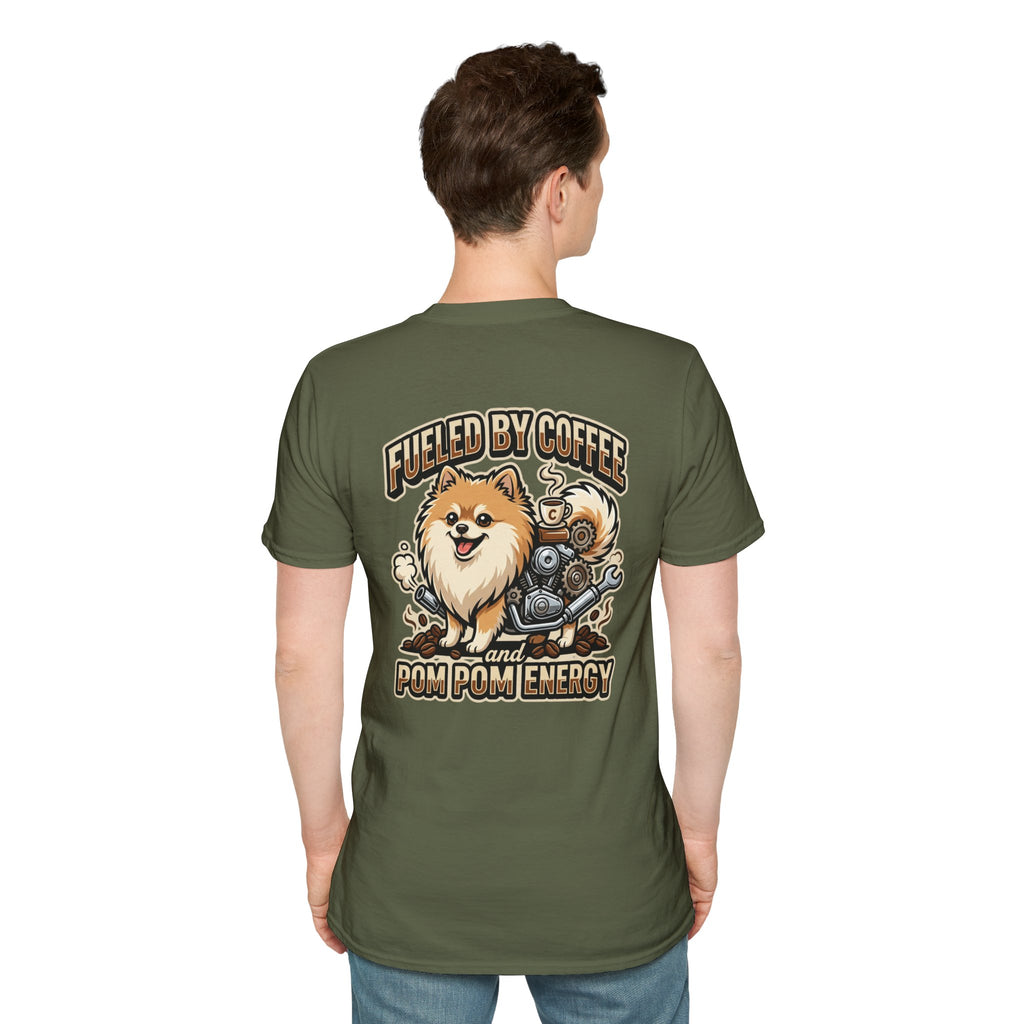 Pomeranian Pom Pom Coffee Pomeranian T-Shirt — “Fueled by Coffee and Pom Pom Energy”