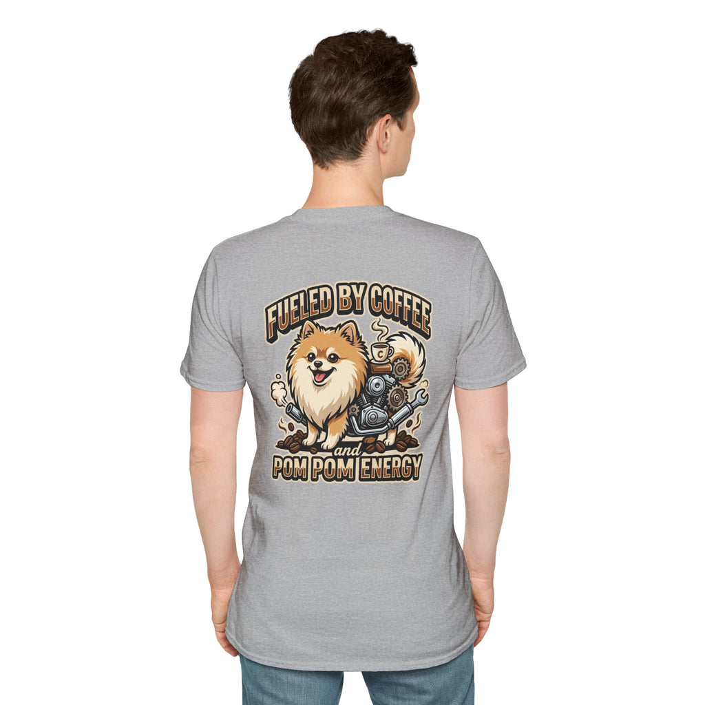 Pomeranian Pom Pom Coffee Pomeranian T-Shirt — “Fueled by Coffee and Pom Pom Energy”