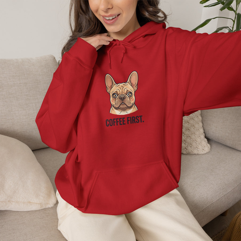 French Bulldog Coffee First Hoodie — 'Then The Zoomies' Graphic Pullover