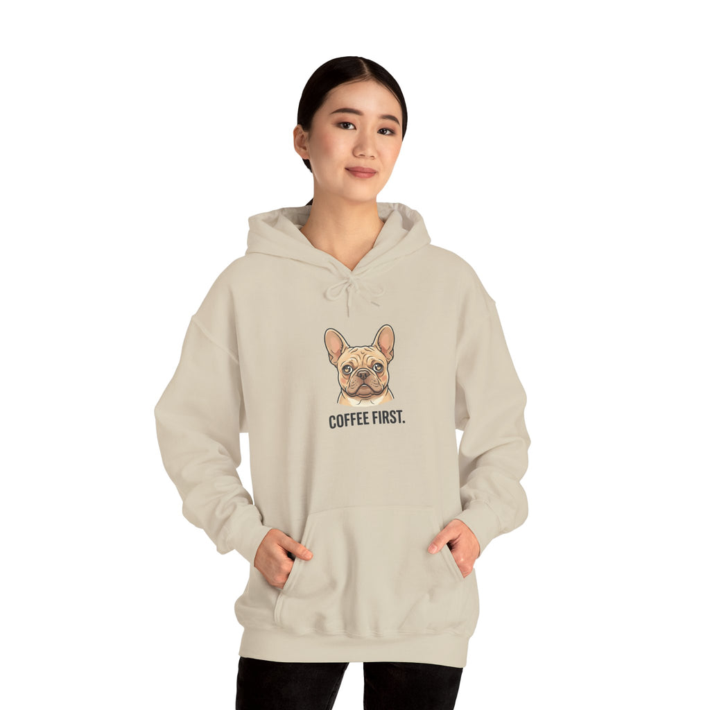 French Bulldog Coffee First Hoodie — 'Then The Zoomies' Graphic Pullover