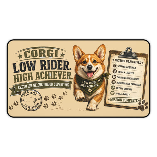 Corgi Desk Mat — "Low Rider, High Achiever" Cute Corgi Office Mouse Pad