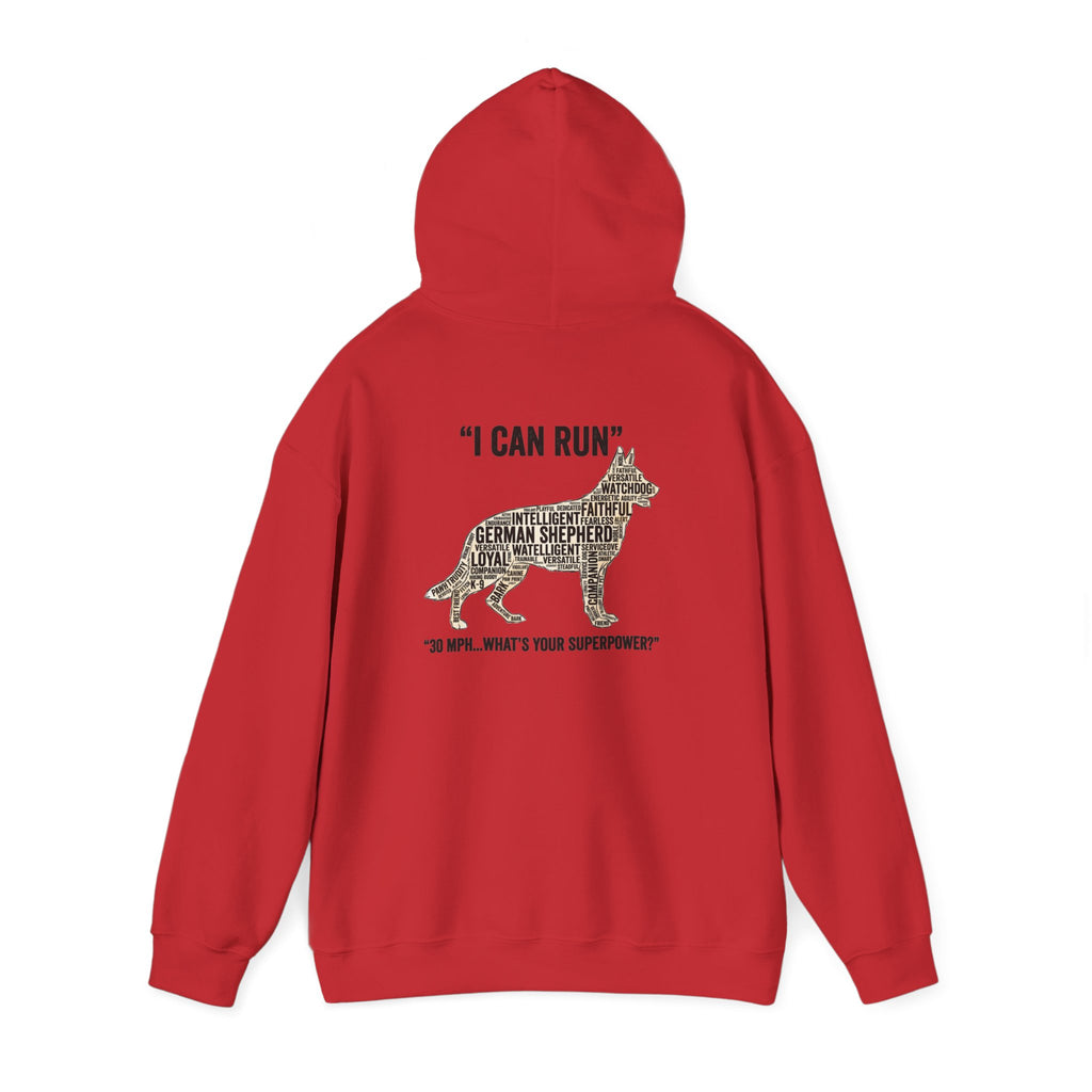 German Shepherd Hoodie - "I Can Run What's Your SuperPower" - Word Cloud Dog Silhouette Graphic Sweatshirt