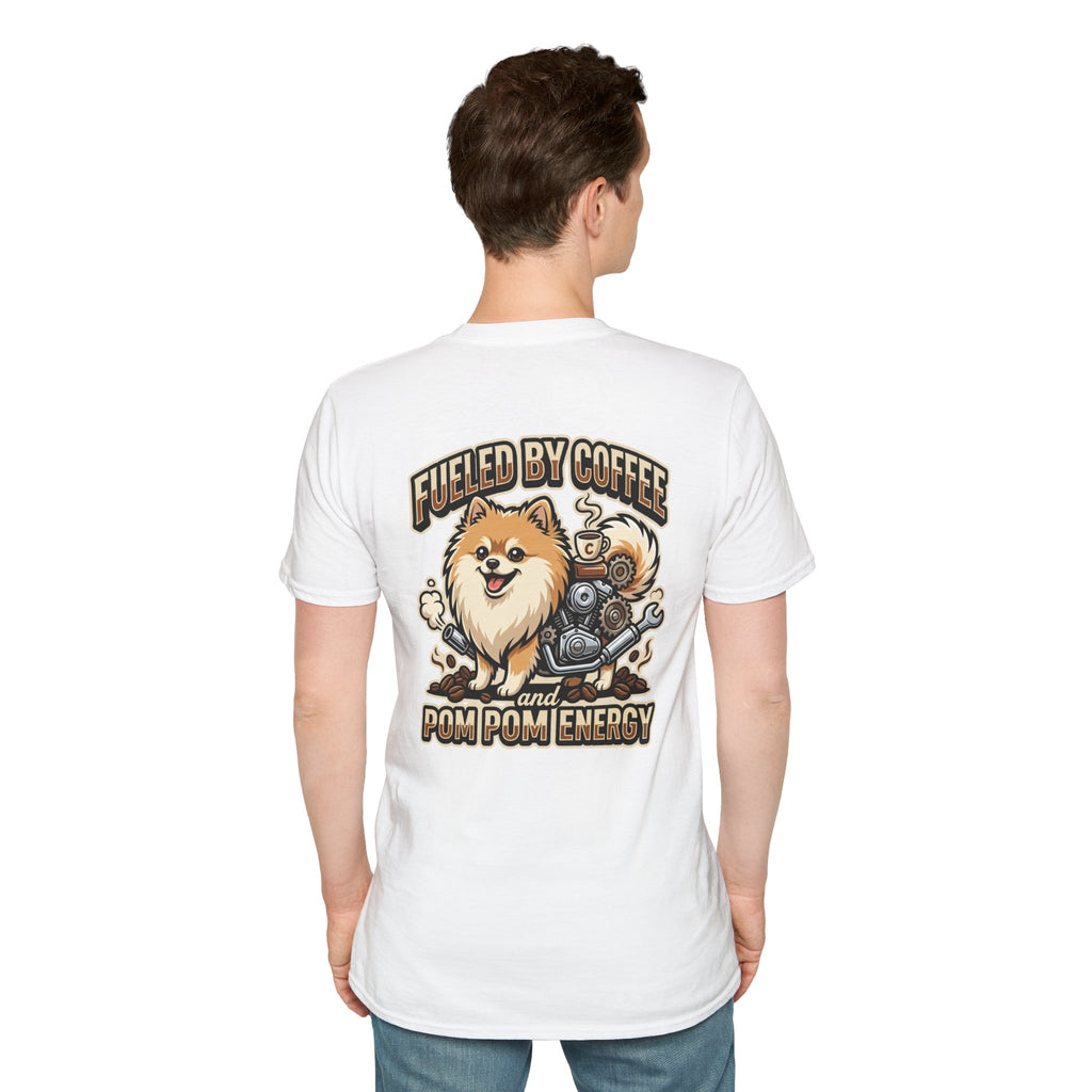 Pomeranian Pom Pom Coffee Pomeranian T-Shirt — “Fueled by Coffee and Pom Pom Energy”