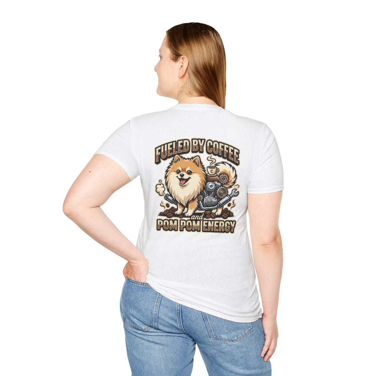 Pomeranian Pom Pom Coffee Pomeranian T-Shirt — “Fueled by Coffee and Pom Pom Energy”